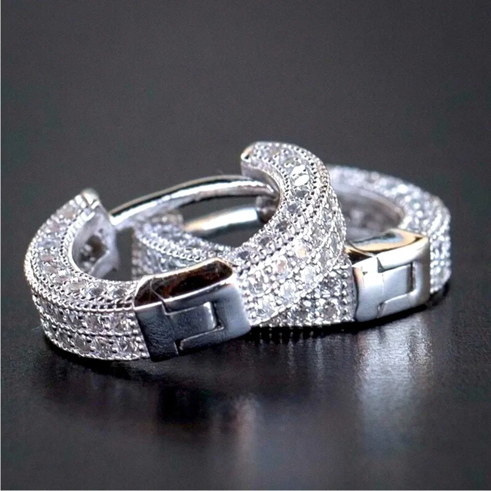 New Sterling Silver Sim. Diamonds Slim Huggie Studs